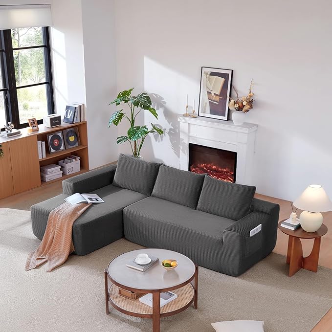 97 Cloud Sectional Couch Modern Boneless Couch with L-Shape Chaise Deep Seat Modular Sectional Sofa Corduroy Corner Foam Couches for Living RoomNo Assembly Required(Dark Gray Left Chaise)