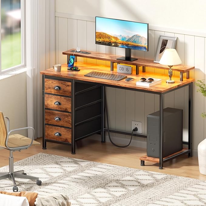 Furologee Computer Desk with Power Outlets &amp Monitor Stand 47 Inch Reversible Gaming Desk with LED Lights &amp 4 Fabric Drawers Writing Work Table for Home Office Bedroom Rustic Brown