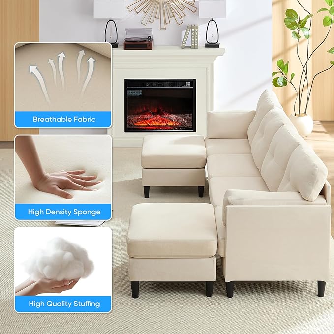 PUREMIND Sectional Home Sofa Living Room Modern U-Shaped Sofa Couches with Double Chaise Upholstered 4 Seater Sofa for Living Room Apartment Beige