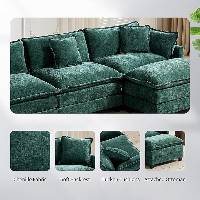 113.78 Modular Cloud Couch Sectional U Shaped Modular Sectional Sofa with Movable Ottoman and Throw Pillows Comfy Chenille Fabric Deep Seat Cloud Sofa Couches for Living Room (Green3-Seater)