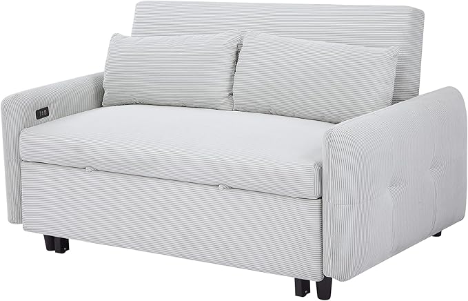 Modern 57.48 Pull-Out Sofa Bed 2 Seater Loveseats Sofa Futon Couch with Adjustable Backrest Convertible Couch Sleeper Sofa with Two Throw Pillows for Living Room (Light BlueCorduroy Fabric)