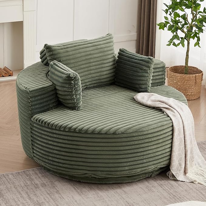 55 inch 360° Swivel Accent Chair Chaise Lounge Chair Indoor Oversized Round Swivel Accent Chair Modern Corduroy Single Sofa Chair Deep Seat Chair for Living Room Bedroom Apartment Green