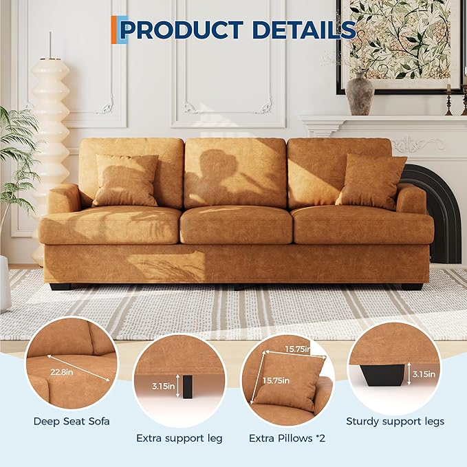 IDEALHOUSE Modern 86 Leather Sofa with 2 Throw Pillows Deep Seat Couch with Upholstered Cushion &amp Removable CoverComfy Faux Leather Sofa Couch for Small Space Apartment Lounge Brown