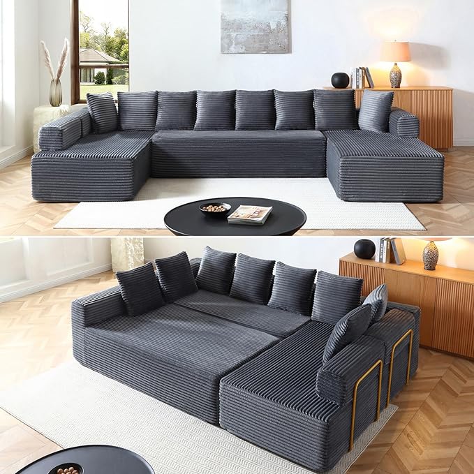 145 Oversized Cloud Boneless Sectional Sofa with Chaise Corduroy U Shaped Modular Couch with Deep Seat Fixed Frame Comfy Corner Sofa No Assembly Required (Grey)