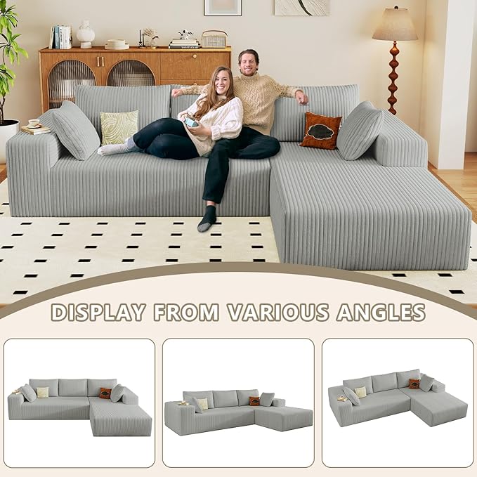 96 Cloud Sectional Couch with L-Shaped Chaise Modern Corduroy Sectionals Couches with Deep Seat Boneless Sofa 3 Seater for Living Room No Assembly Required (Light Grey Right Facing Chaise)