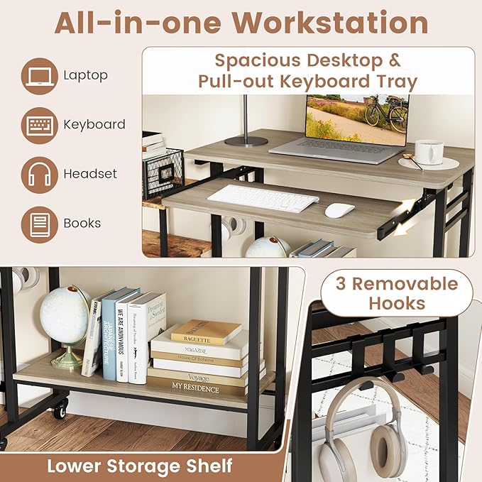 Giantex Rolling Computer Desk Mobile Desk with Keyboard Tray &amp Wheels Portable Laptop PC Table Cart with Shelf &amp Hooks Small Desk for Small Spaces Bedroom Apartment (Grey Oak)