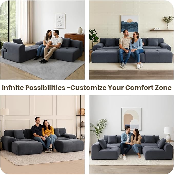 122 Modular Sectional Sofa Convertible L-Shape Cloud Couch Corduroy Upholstered Boneless Sofa Set with Deep Seat &amp Movable Ottoman No Assembly Needed for Living Room Bedroom Home Office Bei