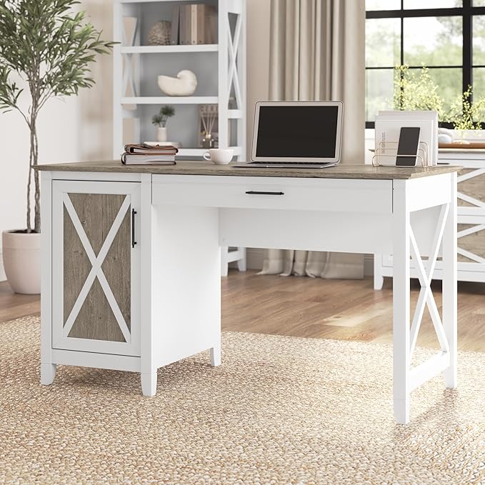 Bush Home Key West Computer Desk with Storage | Farmhouse PC Table for Home Office in Pure White and Shiplap Gray | 54W x 24D