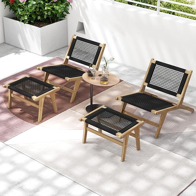 Tangkula Mid Century Modern Accent Chair with Ottoman Farmhouse Handwoven Cordage Living Room Chair with Teak Wooden Frame for Indoor Outdoor Lazy Lounge Chair for Home Bedroom Office