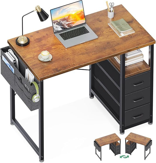 AODK 32 Small Computer Desk with Fabric Drawers Kids Girls Teen Study Writing Desk for Bedroom Home Office Desk with Storage Shelf &amp Bag for Small Space Vintage