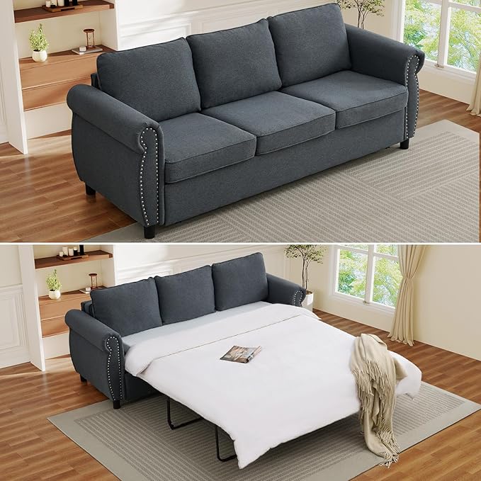Queen Pull Out Sofa Bed 2-In-1 Pull Out Couch Bed with Memory Foam Mattress &amp Riveted Rolled Armrests 3 Seater Convertible Sleeper Sofa Foldable Couch for Living Room Bedroom Apartment(Dark G