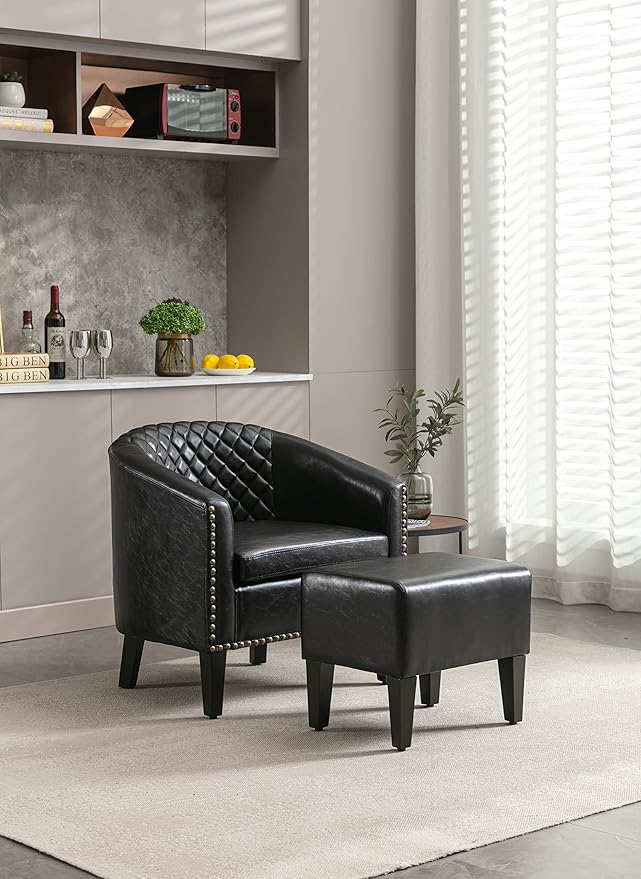 Accent Chair with Ottoman Mid Century Modern Barrel Chair Upholstered Club Tub Round Arms Chair for Living Room