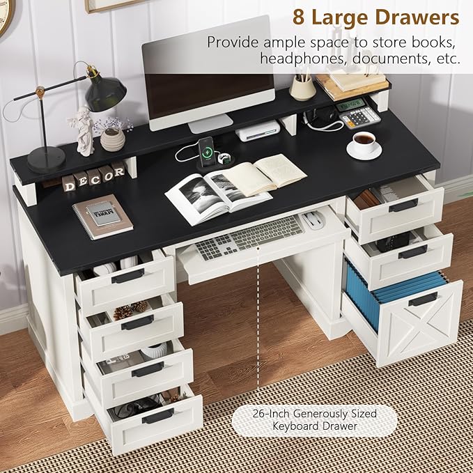 60 Farmhouse Executive Desk with 8 Drawers Wood Computer Desk with Keyboard Tray and Charging Station Home Office Desk Writing with File Drawer Fits A4 Size for Work and Study White and Black