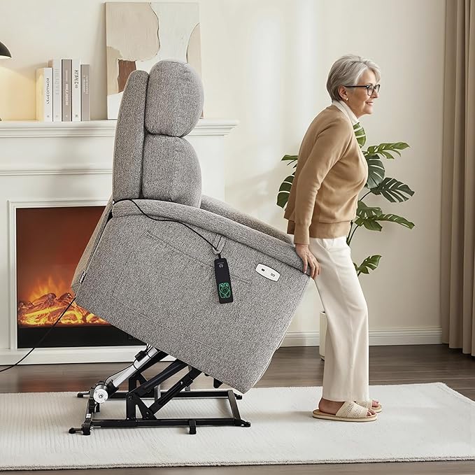 MCombo Power Lift Recliner Chair with Massage and Dual Heating Adjustable Headrest Extended Footrest for Elderly People Fabric R7605 (Mist Grey)