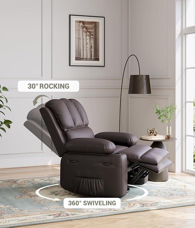 GarveeHome 22 in Rocker Swivel Recliner Chair Lazy Recliner for Adults with 1.5X Sponge Filling Side Pocket and Cup Holder for Living Room Bedroom and Nursery Coffee