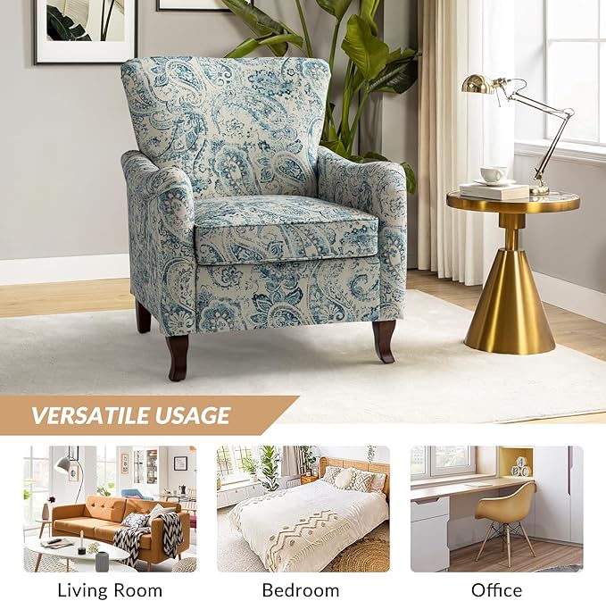 HULALA HOME Floral Accent Chair Set of 2 Modern High Back Armchair with Wooden Legs Comfy Wingback Chair Upholstered Accent Single Sofa Chair for Living Room &amp Bedroom Blue