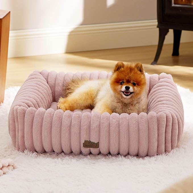 Bedsure ComfyFleece™ Cute Dog Bed for Small Medium Dogs - Washable Furry Puppy Beds Rectangle Orthopedic Corduroy Fleece Pet Beds with Removable Zipper Cover 25x21x7inches Blush Pink
