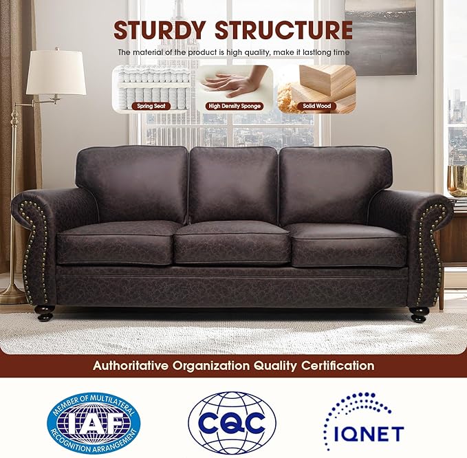 Mid-Century Vintage Sofa Couches with Rivet Design3-Seater SofaRemovable Sofa Cover Upholstered Cushions and Solid Wood Frame (Brown 3-Seater)