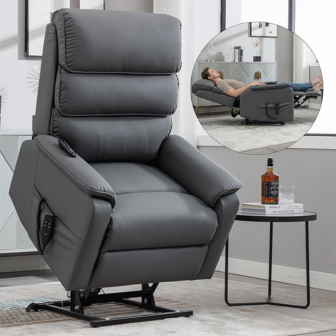 Luxlen Leather Power Lift Recliner Chair for Elderly Dual Motor Lift Chair with Vibration Massage &amp Lumbar Heating Infinite Position Up Recliner with Power-Remote - Faux Leather Gray