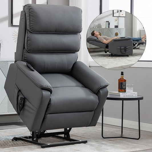 Luxlen Leather Power Lift Recliner Chair for Elderly Dual Motor Lift Chair with Vibration Massage &amp Lumbar Heating Infinite Position Up Recliner with Power-Remote - Faux Leather Gray