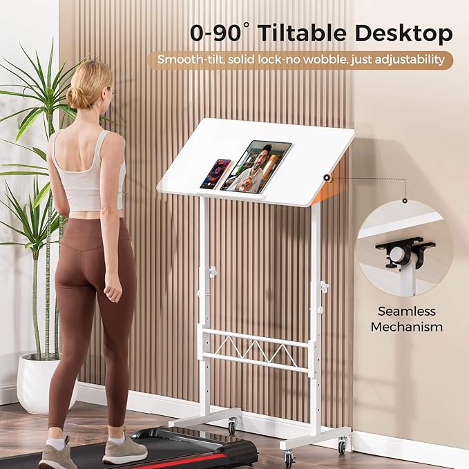 COMHOMA Small Standing Desk Adjustable Height &amp Tiltable Tabletop Mobile Stand Up Desk for Laptop Portable Computer Table for Home Office Work and Walking Pad Treadmill Height 30.7-46.4 Whit