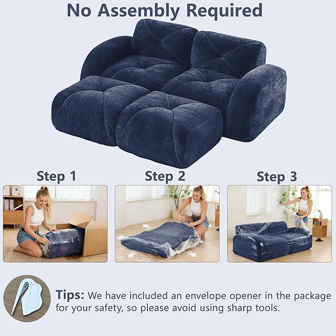 Boneless Couch Modular Sectional Sofa 80.3 U Shaped Sectional Couches for Living Room Upholstered Cloud Couch Retro Velvet Floor Sofa with Ottoman Deep Seat Loveseat for BedroomBlue