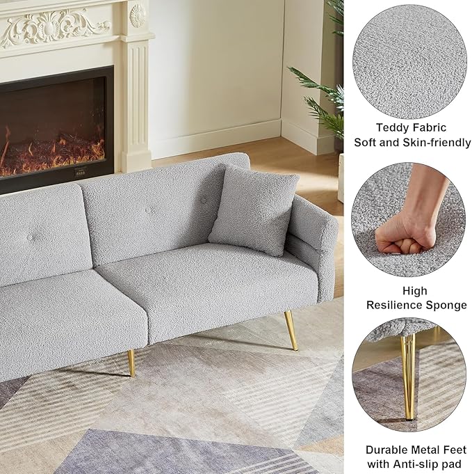 69.5'' Grey Futon Loveseat Sofa Bed Teddy Upholstered Folding Couch with Adjustable Backrest and Armrests Sleeper Sofa with Side Pocket and Gold Metal Legs for Small Space Living Room (Grey)