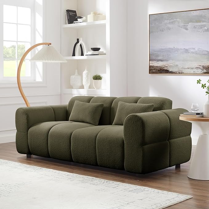 80 Modern Sofa Couch Comfy Deep Seat Lambswool Cloud Sofa Upholstered 3-Seater Boucle Couch Oversized Loveseat for Living Room Bedroom Office Apartment(Green)