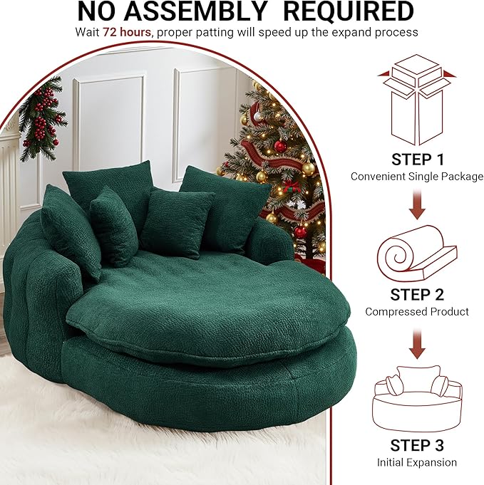 71 Oversized Round Chair Giant Bean Bag Couch Chairs for Adults Fluffy Chenille Boneless Couch Circle Bed with 5 Pillows Extra Deep Seat for Living Room Lounge No Assembly Required (Emerald)