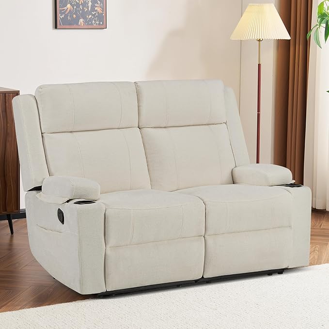 55 Loveseat Reclining Sofa with Cup Holders – Manual Double Reclining Sofa for Aprtment &amp Small Spaces Chenille Fabric Reclinig Couch with Wide Armrests &amp Side Storage for Livingroom Beige