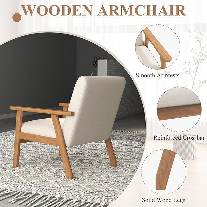 Westice Accent Chair Set of 2 Mid-Century Modern Living Room Chairs with Solid Wood Frame &amp Soft Thicken Cushion Upholstered Arm Reading Chair for Bedroom Balcony Beige Linen Fabric &amp Natu