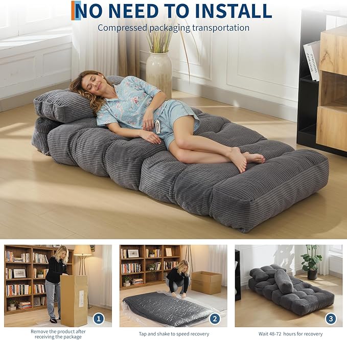 Folding Sofa Bed Convertible Sleeper Chair with Pillow Foldable Mattress&ampSide Pocket Portable Fold Out Chair Bed Comfy Floor Sofa Lounge for Living Room Bedroom Dark Grey Single