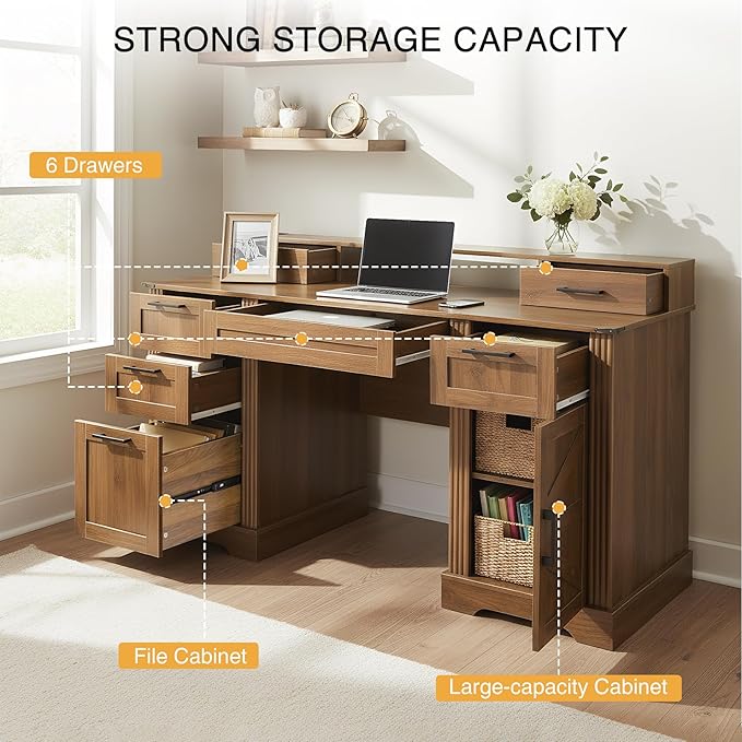 59.5 Farmhouse Executive Desk with Hutch Computer Desk with 6 Drawers File Drawer Cabinet Storage and Charging Station Home Office Writing Desk for Study BedroomBrown