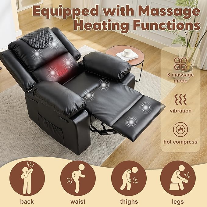 PU Leather Extra Wide Manual Recliner Chair for Adults with Massage &amp Heat Oversized Lazy Recliner with 1.5X Thick Sponge Comfort for Living Room BedroomBlack