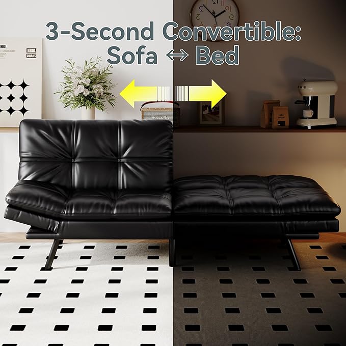 Futon Sofa Bed Convertible Couch Black Faux Leather Sofa Bed with Memory Foam Adjustable Backrest &amp Armrests Multifunctional Small Loveseat Sleeper Sofa for Living Room Apartment Office