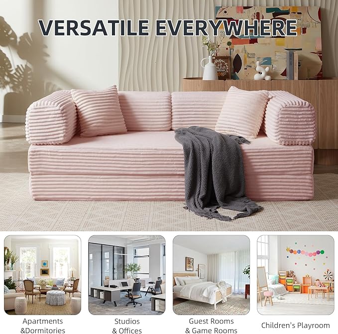 4-in-1 Convertible Folding Sleeper Sofa Bed Plush Corduroy Foldable Mattress Couch with Fixed-Shape Frame Floor Compressed Sofa for Living Room Bedroom (Pink)