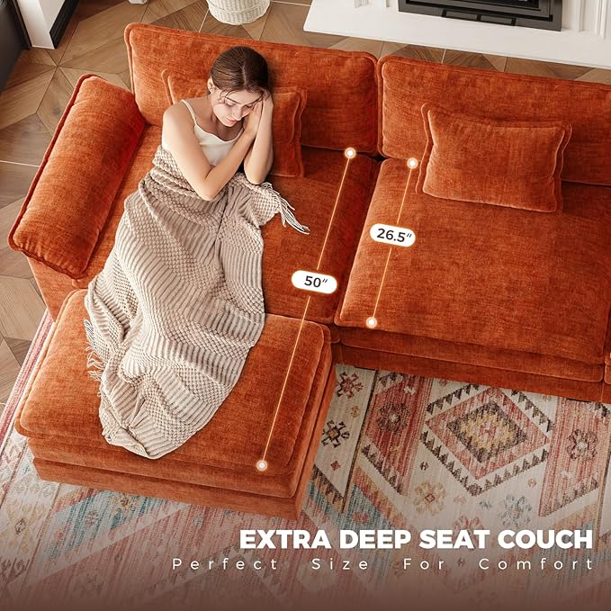 HUSFU 120 Cloud Couch Modular Sectional Sofa with Ottoman 3-Seat Modern Chenille Upholstered U-Shaped Deep Seat Sofa Couch for Living Room Bedroom and Apartment Orange