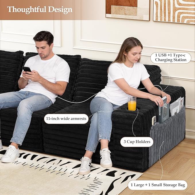 Cloud Boneless Sofa Oversized Modular Sectional L-Shape Sofa with Chaise High Backrest Corduroy Fabric Couch with USB Charging Ports Cup Holders &amp Pillows for Living Room (Black)