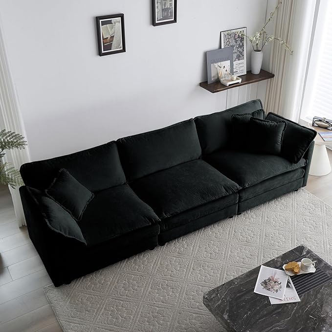 KIVENJAJA Chenille Modular Sectional Couch Modern 3 Seater Comfy Deep Seat Cloud Sofa with 5 Pillows for Living Room Bedroom Office Apartment 111.5”W Black
