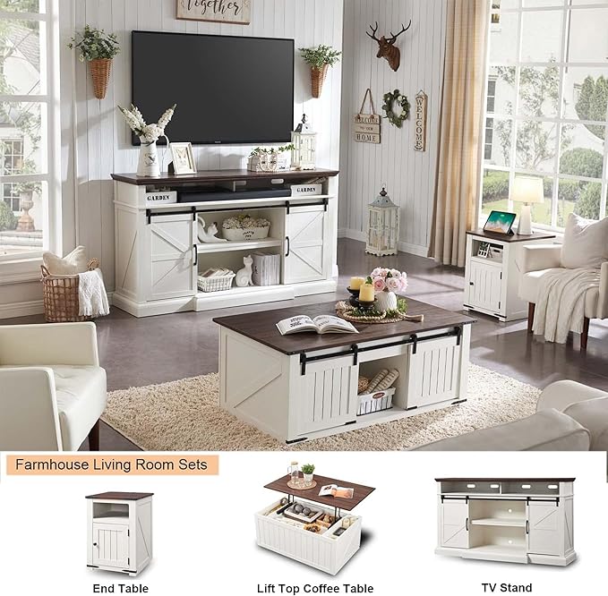 Farmhouse TV Stand for 80 Inch TVs 37.4Tall Entertainment Center w/Storage Cabinets and Sliding Barn Door Media Console Cabinet w/Soundbar &amp Adjustable Shelves for Living Room 70 inch (White)