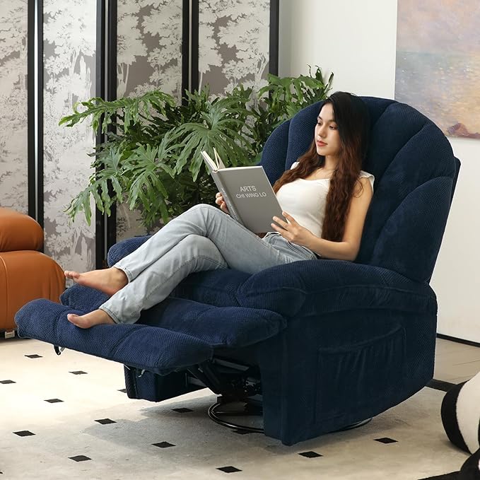 EONIX Dual Motor Power Swivel Rocker Recliner Chair for Living Room Power Adjustable Backrest and Extended Footrest USB Charging Ports Shell Shape Recliner Chair SXXY004021 Navy Blue