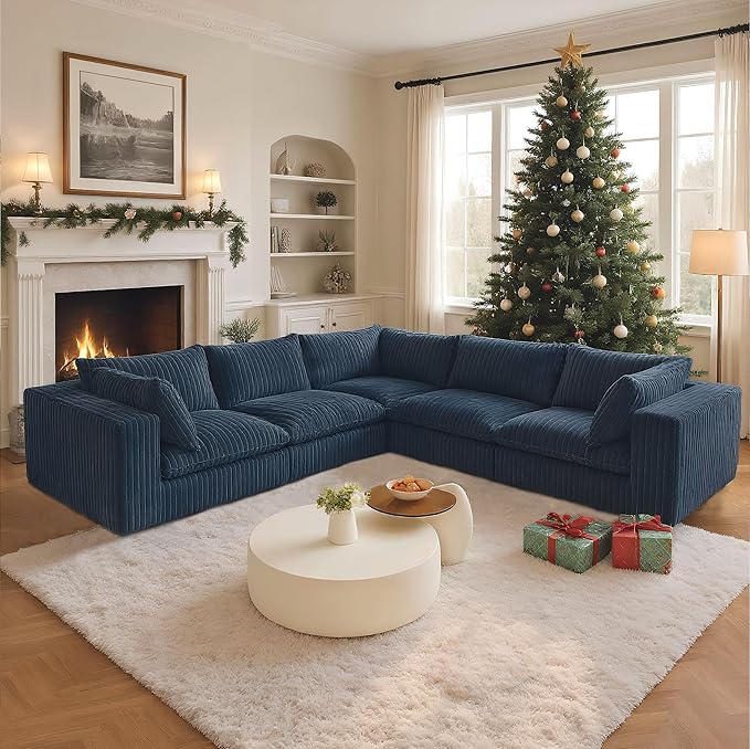 118.2 Modern V Shaped Corner Sofa Comfy Modular Sectional Cloud Couch with Plush Corduroy Fabric Deep Seat Upholstered Sofa Fluffy Boneless Couches for Living Room No Assembly (Blue)