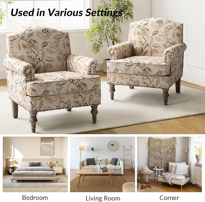HULALA HOME Accent Armchairs Set of 2 with Print Floral Pattern Upholstered Living Room Accent Chairs with Retro Wood Legs &amp Nailhead Trim Fabric Sofa Chairs Reading Armchairs for Bedroom Ginge