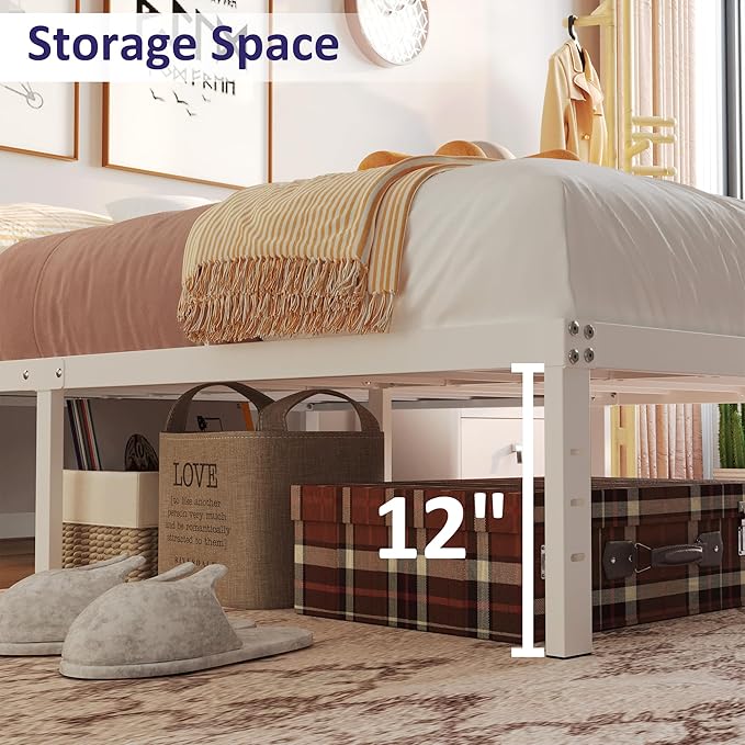 14 Inch Twin Bed Frames No Box Spring Needed Heavy Duty Metal Twin Platform Bed Frame with Large Underbed Storage Space Noise Free Easy Assembly White