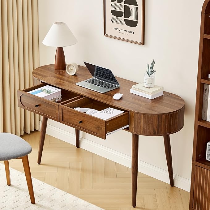 Mid-Century 59 Wood Writing Desk Home Office Computer Laptop Desk with 2 Flip Storage Space + 2 Drawer 150 CM Elegant Fluted Vanity Table Multifunctional Study Desk for Office Bedroom (Wlanut)