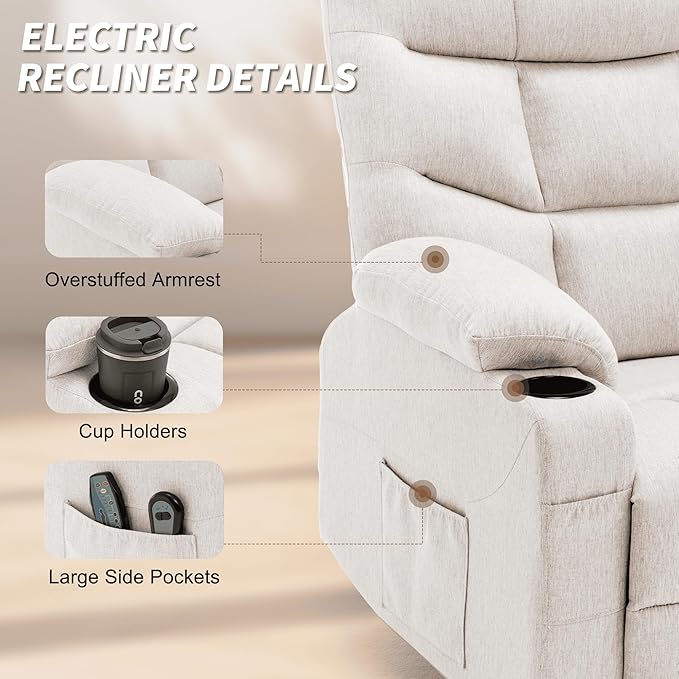 Power Recliner Chair with Massage and Heating Power Lift Recliner Chair for Elderly and Adults Electric Recliner with Remote Control and Cup Holders for Living Room