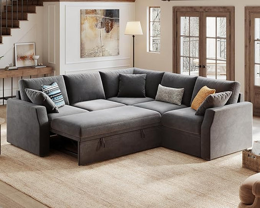 PaPaJet Sleeper Bed 85 Inch Oversized Sofa Bed with Storage Seat L Shaped Sofa Couch with Pull Out Bed Sectional Sofa for Living Room Apartment Linen Grey