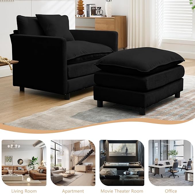Oversized Chair with Ottoman Modern Chenille Upholstered Deep Seat Couch Armchair 40.16'' Comfy Chaise Lounge Indoor with Thick Cushion for Living Room (Black 40.16'' Single Seat Sofa &amp 1 Ottom