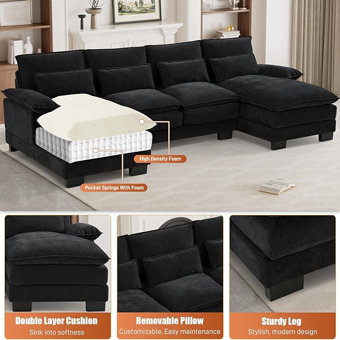 OUYESSIR U Shaped Sectional Couches for Living Room110 Cloud Sectional Sofa with Deep SeatModern Comfy Cloud Couch4 Seater Chenille Sofa with Double Chaise(Black)