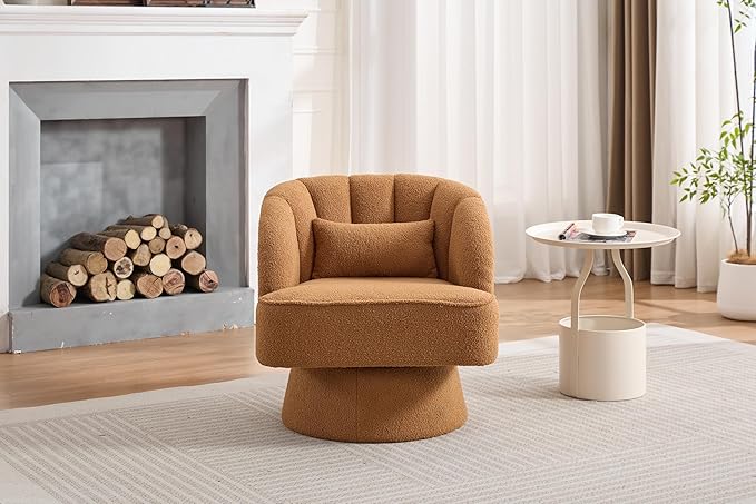 Swivel Barrel Chair - Teddy Bear Velvet Upholstered Modern Armchair with Striped Backrest &amp Plush Padding Round Lounge Chair for Living Room Bedroom Small Spaces Brown - (1 Pcs)